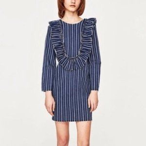 NWT Zara Striped Denim Ruffle Bib Frills Dress